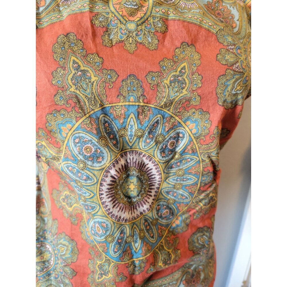 Lucky Brand Orange Aztec Short Sleeve Blouse Size M Bohemian Hippie Western - Picture 4 of 7
